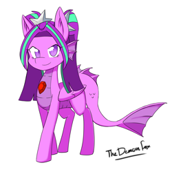 Size: 1024x1020 | Tagged: safe, artist:demonfox, aria blaze, merpony, pony, equestria girls ponified, female, gem, half-siren, looking at you, mare, ponified, signature, simple background, siren gem, smiling, solo, white background