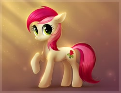 Size: 1000x770 | Tagged: safe, artist:scheadar, roseluck, earth pony, pony, crepuscular rays, cute, female, looking at you, simple background, smiling, solo, unshorn fetlocks