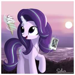 Size: 1550x1550 | Tagged: safe, artist:songbirdserenade, starlight glimmer, pony, unicorn, female, food, ice cream, magic, mp3 player, smiling, solo