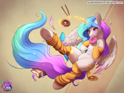 Size: 1845x1380 | Tagged: safe, artist:sugarlesspaints, princess celestia, alicorn, pony, :3, belly button, blushing, book, chest fluff, cute, cutelestia, donut, feather, female, food, glowing horn, hnnng, leg warmers, magic, mare, pocky, smiling, solo, telekinesis, underhoof