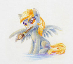 Size: 684x599 | Tagged: safe, artist:maytee, derpy hooves, pegasus, pony, mouth hold, paintbrush, solo, spread wings, traditional art, underp, wings
