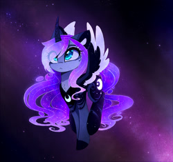 Size: 1972x1853 | Tagged: safe, artist:magnaluna, princess luna, alicorn, pony, :<, alternate universe, cheek fluff, chest fluff, coat markings, colored ears, colored wings, curved horn, cute, ear fluff, ethereal mane, female, flying, galaxy, galaxy mane, leg fluff, lunabetes, mare, multicolored wings, solo, starry backdrop, starry mane, stars, sweet dreams fuel, swirly markings, wing fluff, wings