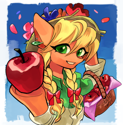 Size: 824x838 | Tagged: safe, artist:akomaru, applejack, anthro, earth pony, alternate hairstyle, apple, basket, clothes, female, flower in hat, flower petals, food, jewelry, looking at you, solo