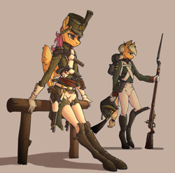 Size: 1500x1476 | Tagged: safe, artist:madhotaru, applejack, scootaloo, anthro, earth pony, pegasus, unguligrade anthro, bayonet, boots, clothes, empire period, female, fence, flintlock, gloves, gun, handgun, hat, leaning, mare, military uniform, musket, napoleonic wars, older, older scootaloo, pistol, rifle, russian, shoes, simple background, soldier, uniform, weapon