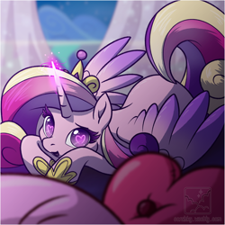 Size: 1202x1202 | Tagged: safe, artist:coralsky, princess cadance, alicorn, pony, cute, cutedance, female, glowing horn, heart eyes, looking at you, lying down, magic, mare, open mouth, prone, solo, wingding eyes