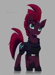 Size: 1100x1515 | Tagged: safe, artist:sergeyfoxx, tempest shadow, my little pony: the movie, broken horn, confused, eye scar, open mouth, raised hoof, scar, simple background, solo