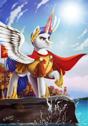 Size: 1024x1472 | Tagged: safe, artist:das_leben, oc, oc only, alicorn, pony, alicorn oc, alicornified, armor, cloud, helmet, julius caesar, male, ponified, race swap, raised hoof, royal guard, sky, solo focus, spread wings, wat, water, wings