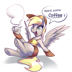 Size: 2500x2500 | Tagged: safe, artist:fanch1, derpy hooves, pegasus, pony, barista, cap, clothes, coffee, coffee mug, droste effect, female, gloves, happy, hat, mare, mug, open mouth, recursion, shorts, sitting, solo, speech bubble, underhoof, wings