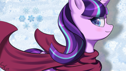 Size: 2560x1440 | Tagged: safe, artist:stargazer carp, starlight glimmer, pony, unicorn, clothes, female, mare, original, pentagram, scarf, simple background, smiling, snow, snowflake, solo, starry eyes, wingding eyes