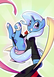 Size: 826x1181 | Tagged: safe, artist:haden-2375, trixie, pony, unicorn, clothes, costume, covering, cute, diatrixes, duit, female, hat, horn, looking at you, magician, mare, smiling, solo, top hat, wand