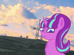 Size: 1200x899 | Tagged: safe, artist:oldlunarlight, starlight glimmer, pony, unicorn, chest fluff, cloud, digital art, edited photo, equality symbol, flag, looking at you, mare, mixed media, our town, s5 starlight, solo, sunlight