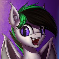 Size: 3000x3000 | Tagged: safe, artist:setharu, oc, oc only, oc:night wing, bat pony, pony, bat pony oc, bust, commission, ear fluff, fangs, female, open mouth, portrait, signature, smiling, solo