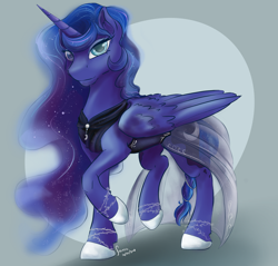 Size: 2400x2296 | Tagged: safe, artist:firimil, princess luna, alicorn, pony, fanfic:the folly of princesses, clothes, dress, female, mare, raised hoof, simple background, solo