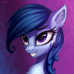 Size: 3000x3000 | Tagged: safe, artist:setharu, oc, oc only, oc:raylanda, earth pony, pony, blue hair, blue mane, bust, commission, ear fluff, eyes open, female, high res, mare, portrait, smiling, solo