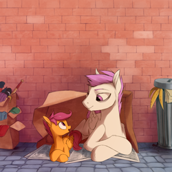 Size: 2000x2000 | Tagged: safe, artist:vistamage, princess celestia, scootaloo, oc, oc:nopony special, pegasus, pony, fanfic:home is for the weak, alleyway, brick wall, cardboard box, cobblestone street, crossed hooves, disguise, fanfic, fanfic art, fanfic cover, female, filly, homeless, looking at each other, male, newspaper, pink mane, prone, race swap, rule 63, smiling, stallion, trash can