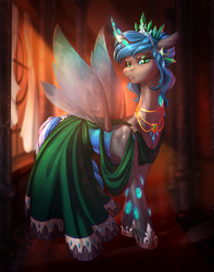 Size: 1008x1280 | Tagged: safe, artist:longinius, artist:vest, oc, oc only, oc:queen polistae, changeling, changeling queen, collaboration, blue changeling, changeling oc, changeling queen oc, clothes, crown, dress, eyeshadow, female, jewelry, lidded eyes, looking at you, makeup, mare, necklace, regalia, solo