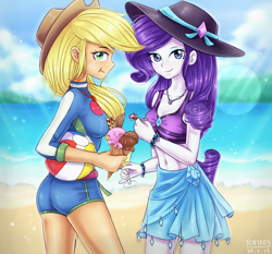 Size: 1500x1400 | Tagged: safe, artist:tcn1205, applejack, rarity, better together, equestria girls, forgotten friendship, applebutt, applejack's hat, beach, belly button, clothes, cowboy hat, duo, female, food, hat, humanized, ice cream, lesbian, midriff, pony coloring, rarijack, shipping, sun hat, swimsuit