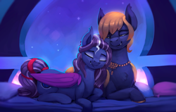 Size: 1000x635 | Tagged: safe, artist:rodrigues404, oc, oc only, oc:indigo rose, oc:rege liliac, bat pony, pony, bat pony oc, couple, cuddling, eyes closed, female, indiac, love, male, mare, oc x oc, pillow, shipping, smiling, stallion, stars, straight, window