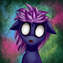 Size: 3000x3000 | Tagged: safe, artist:setharu, oc, oc only, pony, abstract background, blank eyes, bust, cheek fluff, ear fluff, female, floppy ears, looking at you, mare, open mouth, sitting, solo, white eyes, wide eyes