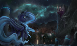 Size: 3000x1772 | Tagged: safe, artist:blvckmagic, princess luna, alicorn, pony, aurora borealis, canterlot, cute, female, forest, leg fluff, looking at you, looking back, lunabetes, mare, mountain, night, raised hoof, runes, scenery, scenery porn, sky, smiling, solo, stars, town, underhoof, wallpaper, waterfall