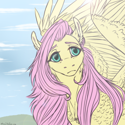 Size: 1200x1200 | Tagged: safe, artist:dementra369, fluttershy, pegasus, pony, bust, cloud, female, head turn, looking at you, mare, portrait, sky, solo, spread wings, wings