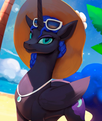 Size: 676x800 | Tagged: safe, artist:rodrigues404, nightmare moon, alicorn, pony, beach, braid, cloud, female, hat, jewelry, looking at you, mare, necklace, nicemare moon, palm tree, sky, solo, sun hat, sunglasses, tree, vacation