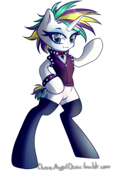 Size: 1056x1500 | Tagged: safe, artist:chaosangeldesu, rarity, pony, semi-anthro, unicorn, alternate hairstyle, bracelet, clothes, female, horn, jewelry, leggings, looking at you, mare, punk, raripunk, simple background, solo, spiked wristband, standing, transparent background, wristband