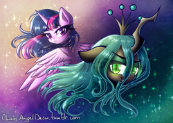 Size: 1414x1000 | Tagged: safe, artist:chaosangeldesu, queen chrysalis, twilight sparkle, twilight sparkle (alicorn), alicorn, changeling, changeling queen, pony, horn, looking at you, looking back, sparkles, wings