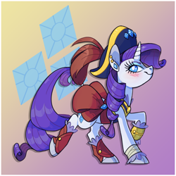 Size: 1200x1200 | Tagged: safe, artist:xenon, rarity, pony, unicorn, my little pony: the movie, clothes, cloven hooves, cutie mark, cutie mark background, female, gradient background, hat, looking at you, mare, pirate, pirate hat, pirate rarity, solo, unshorn fetlocks