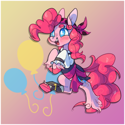Size: 1200x1200 | Tagged: safe, artist:xenon, pinkie pie, earth pony, pony, my little pony: the movie, blushing, clothes, colored hooves, cutie mark, cutie mark background, female, gradient background, mare, pirate, pirate pinkie pie, solo, unshorn fetlocks