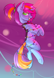 Size: 1400x2000 | Tagged: safe, artist:kameomia, artist:starfall-spark, oc, oc only, oc:lore drive, unicorn, collaboration, abstract, abstract background, augmented, collar, cyberpunk, female, garland, mare, ponytail, underhoof