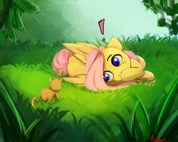 Size: 2500x2000 | Tagged: dead source, safe, artist:miokomata, fluttershy, cat, pegasus, pony, covering mouth, cute, exclamation point, female, folded wings, freckles, freckleshy, grass, hnnng, kitten, looking at something, lying down, mare, on side, outdoors, shyabetes