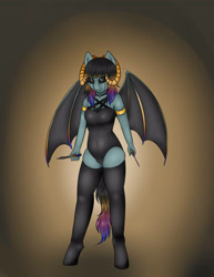 Size: 2894x3757 | Tagged: safe, artist:nero9, oc, oc only, oc:anoda, anthro, demon, succubus, unguligrade anthro, badass, balisong, bat wings, black sclera, clothes, female, horns, knife, leotard, pentagram, solo, stockings, thigh highs