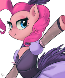 Size: 711x854 | Tagged: safe, artist:ehfa, pinkie pie, earth pony, pony, burlesque, clothes, costume, dress, female, lidded eyes, mare, saloon dress, saloon pinkie, showgirl, simple background, smiling, solo, white background