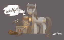 Size: 1240x768 | Tagged: safe, artist:ciyunhe, oc, oc only, earth pony, pony, box, cute, gray background, lantern, mouth hold, pickaxe, silly, silly pony, simple background, solo
