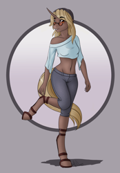 Size: 1464x2105 | Tagged: safe, artist:fairdahlia, oc, oc only, oc:hipster amps, anthro, unguligrade anthro, unicorn, adorasexy, anthro oc, belly button, breasts, clothes, cute, female, gift art, glasses, hoof shoes, mare, midriff, off shoulder, raised leg, sexy, solo, standing, standing on one leg