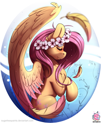Size: 1679x2058 | Tagged: safe, artist:sugarlesspaints, fluttershy, pegasus, pony, blushing, chest fluff, eyes closed, feather, female, floral head wreath, flower, mare, profile, simple background, smiling, solo, spread wings, transparent background, wings