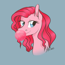 Size: 1500x1500 | Tagged: safe, artist:fairdahlia, pinkie pie, earth pony, pony, bubblegum, bust, female, food, gum, mare, portrait, simple background, solo