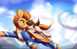 Size: 1943x1240 | Tagged: safe, artist:sugarlesspaints, featherweight, spitfire, pegasus, pony, blurry, blurry background, blushing, carrying, clamping, clothes, cloud, cloudy, colt, commission, cute, duo, female, flying, holding a pony, holding onto someone, hug, lidded eyes, looking back, male, mare, raised arm, riding, scared, sky, smiling, suit, uniform, wonderbolts uniform