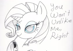 Size: 2269x1610 | Tagged: safe, artist:ethereal-desired, rarity, pony, unicorn, bust, eyelashes, female, lidded eyes, mare, partial color, portrait, smiling, solo, sunglasses, traditional art