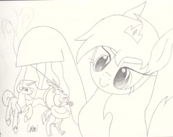 Size: 2997x2377 | Tagged: safe, artist:ethereal-desired, discord, princess celestia, oc, alicorn, draconequus, pony, crown, evil grin, grin, jewelry, marionette, monochrome, regalia, smiling, traditional art