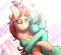 Size: 1768x1586 | Tagged: safe, artist:sugarlesspaints, lyra heartstrings, moondancer, pony, unicorn, commission, crying, eyes closed, female, glasses, heart, hug, lesbian, lyradancer, mare, shipping, smiling