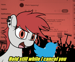 Size: 1200x1000 | Tagged: safe, artist:datte-before-dawn, oc, oc:molly tov, earth pony, pony, cancel culture, dialogue, ear piercing, earring, english, female, hold still while x, jewelry, mare, meta, mob, open mouth, piercing, pitchfork, twitter, x (platform)