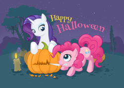 Size: 1024x726 | Tagged: safe, artist:diablera, pinkie pie, rarity, earth pony, pony, unicorn, candle, duo, female, halloween, happy halloween, holiday, jack-o-lantern, knife, mare, night, pumpkin, stars