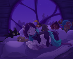 Size: 1024x837 | Tagged: safe, artist:hecatehell, oc, oc only, oc:angel heart, pegasus, pony, unicorn, balto, bed, bedroom, female, how to train your dragon, licking, mare, night, one piece, prone, puss in boots, scamp, scar (the lion king), sleeping, the lion king, tongue out, tony tony chopper, toothless the dragon
