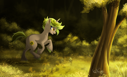 Size: 1024x623 | Tagged: safe, artist:hecatehell, oc, oc only, oc:pixie star, pony, unicorn, female, forest, mare, open mouth, running, solo, tree, unshorn fetlocks