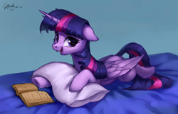 Size: 1495x965 | Tagged: safe, artist:luciferamon, twilight sparkle, twilight sparkle (alicorn), alicorn, pony, book, cute, female, floppy ears, looking at you, mare, open mouth, pillow, prone, solo, twiabetes
