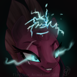 Size: 1000x1000 | Tagged: dead source, safe, artist:candasaurus, tempest shadow, unicorn, my little pony: the movie, broken horn, bust, eye scar, female, glowing eyes, magic, mare, scar, solo, sombra eyes, sparking horn