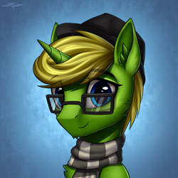 Size: 3000x3000 | Tagged: safe, artist:setharu, oc, oc only, oc:arcane tesla, pony, unicorn, beard, bust, clothes, ear fluff, facial hair, fedora, glasses, hat, male, portrait, scarf, smiling, solo, stallion