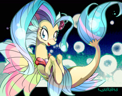 Size: 1600x1255 | Tagged: safe, artist:tyuubatu, princess skystar, seapony (g4), my little pony: the movie, blue eyes, blue mane, blue tail, bubble, cute, digital art, dorsal fin, eyelashes, eyeshadow, female, fin wings, fins, fish tail, flower, flower in hair, flowing mane, flowing tail, happy, jewelry, looking at you, makeup, necklace, open mouth, pearl necklace, signature, smiling, smiling at you, solo, swimming, tail, underwater, water, wings
